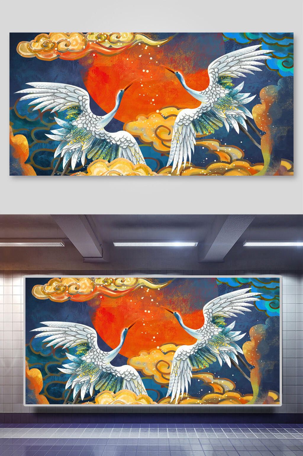国潮风喜鹊凤凰祥云插画素材素材