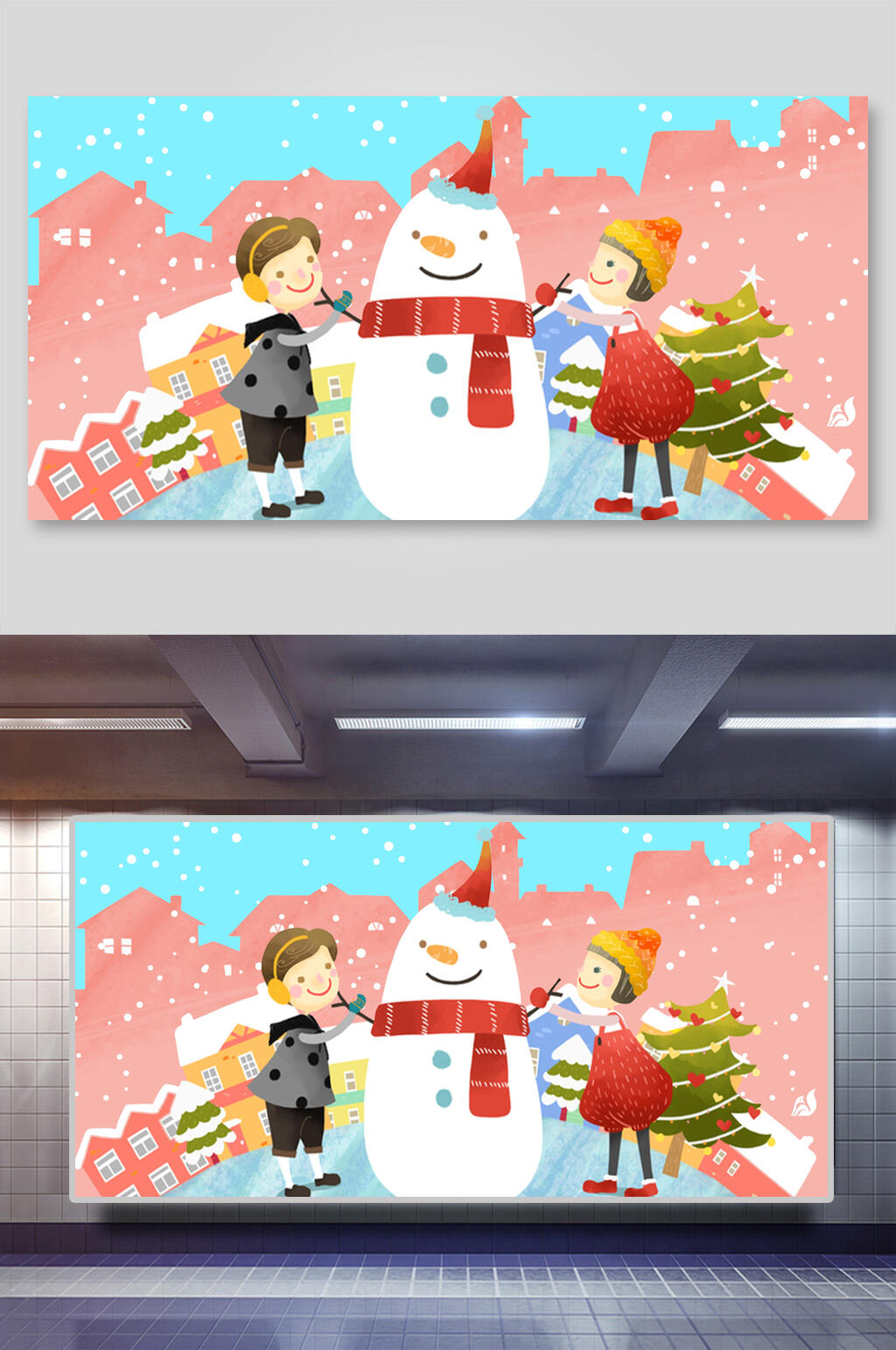 圣诞节插画两联圣诞节雪人素材