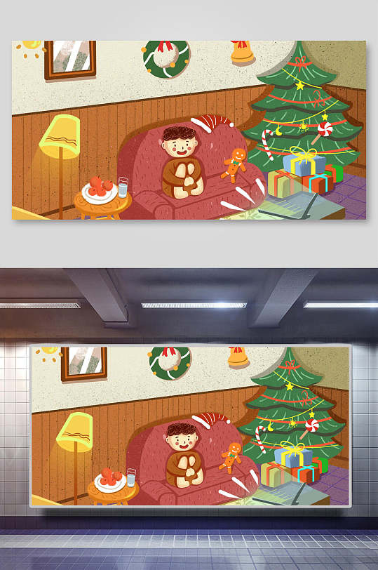 手绘儿童室内装饰圣诞节插画展板