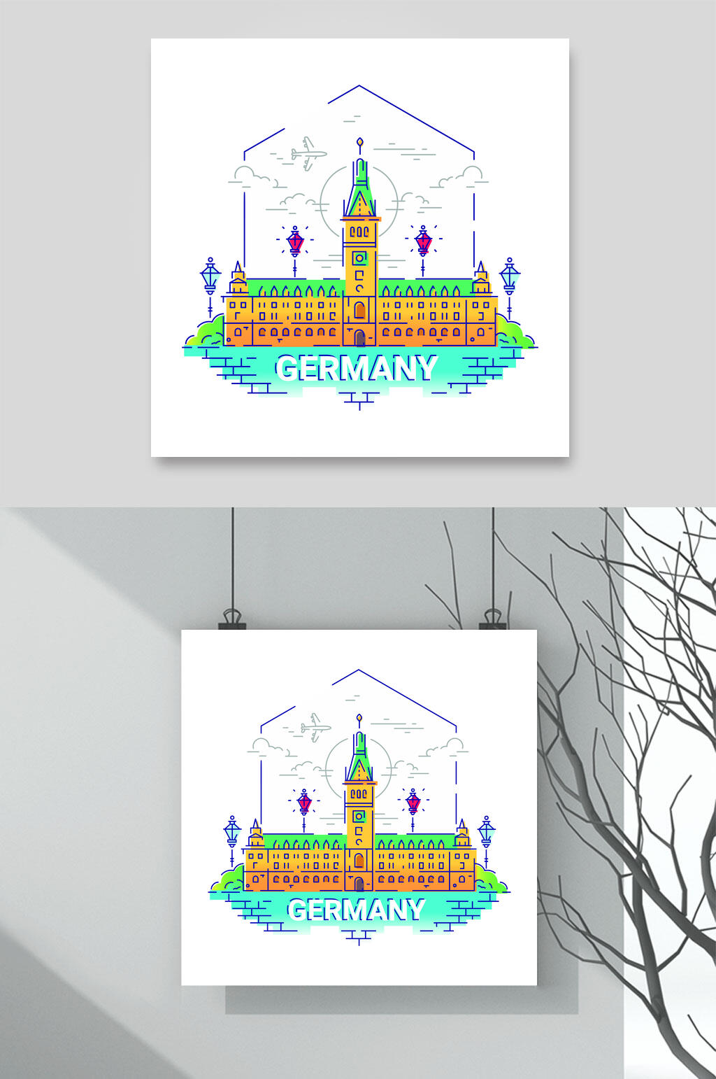世界旅游建筑矢量插画素材两联挂画景点素材