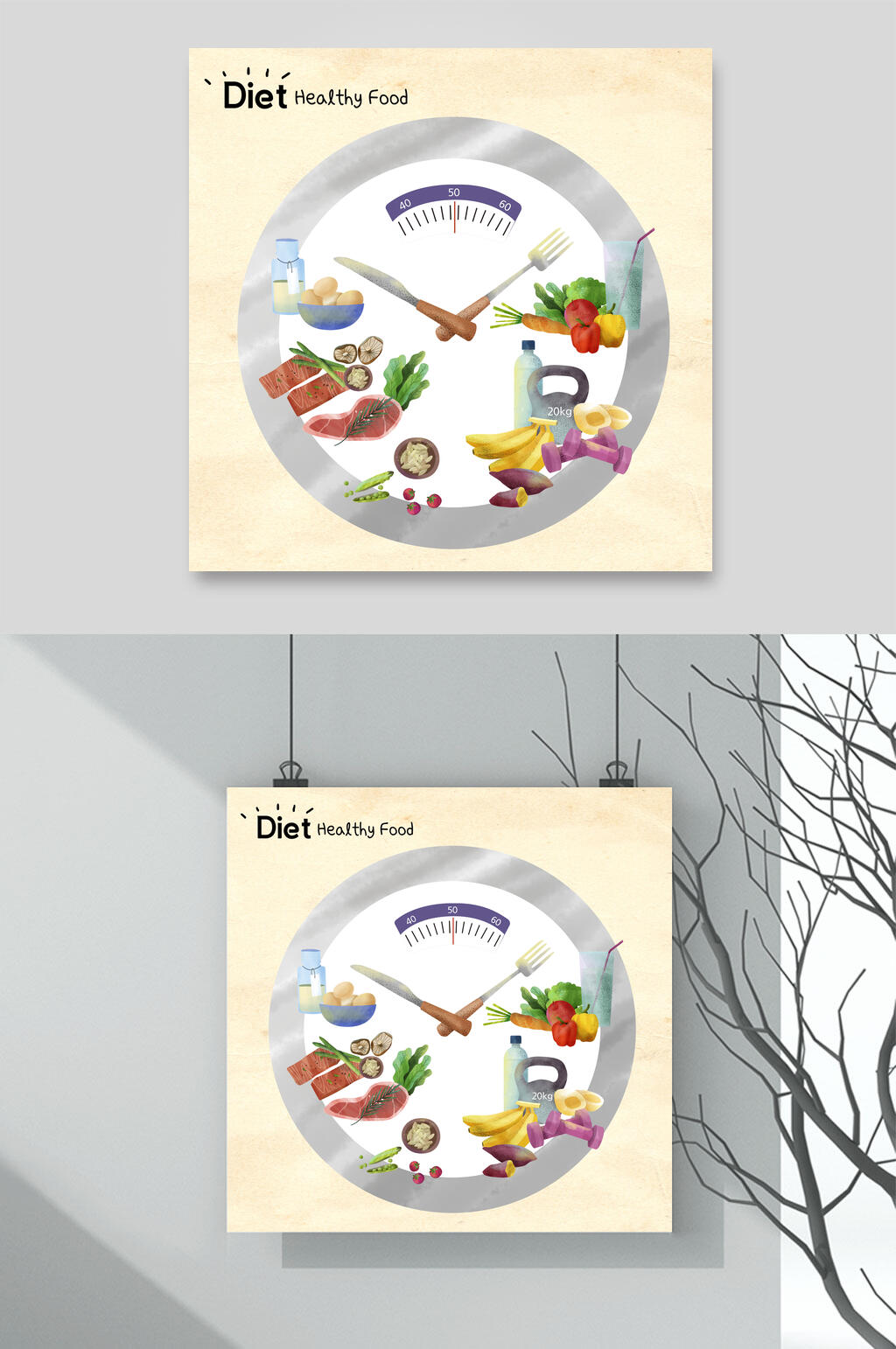 手绘美食插画挂画两联宇宙飞行器素材