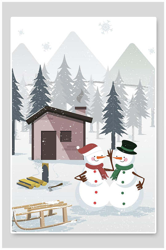 扁平风圣诞节雪橇雪人插画