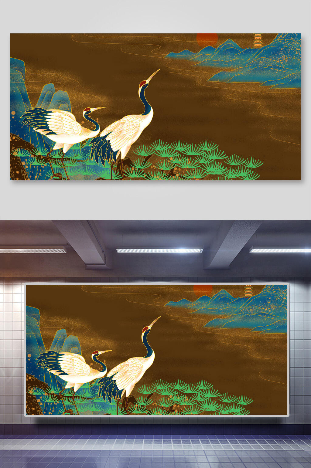 国潮风烫金山水神兽插画两联仙鹤吉祥素材