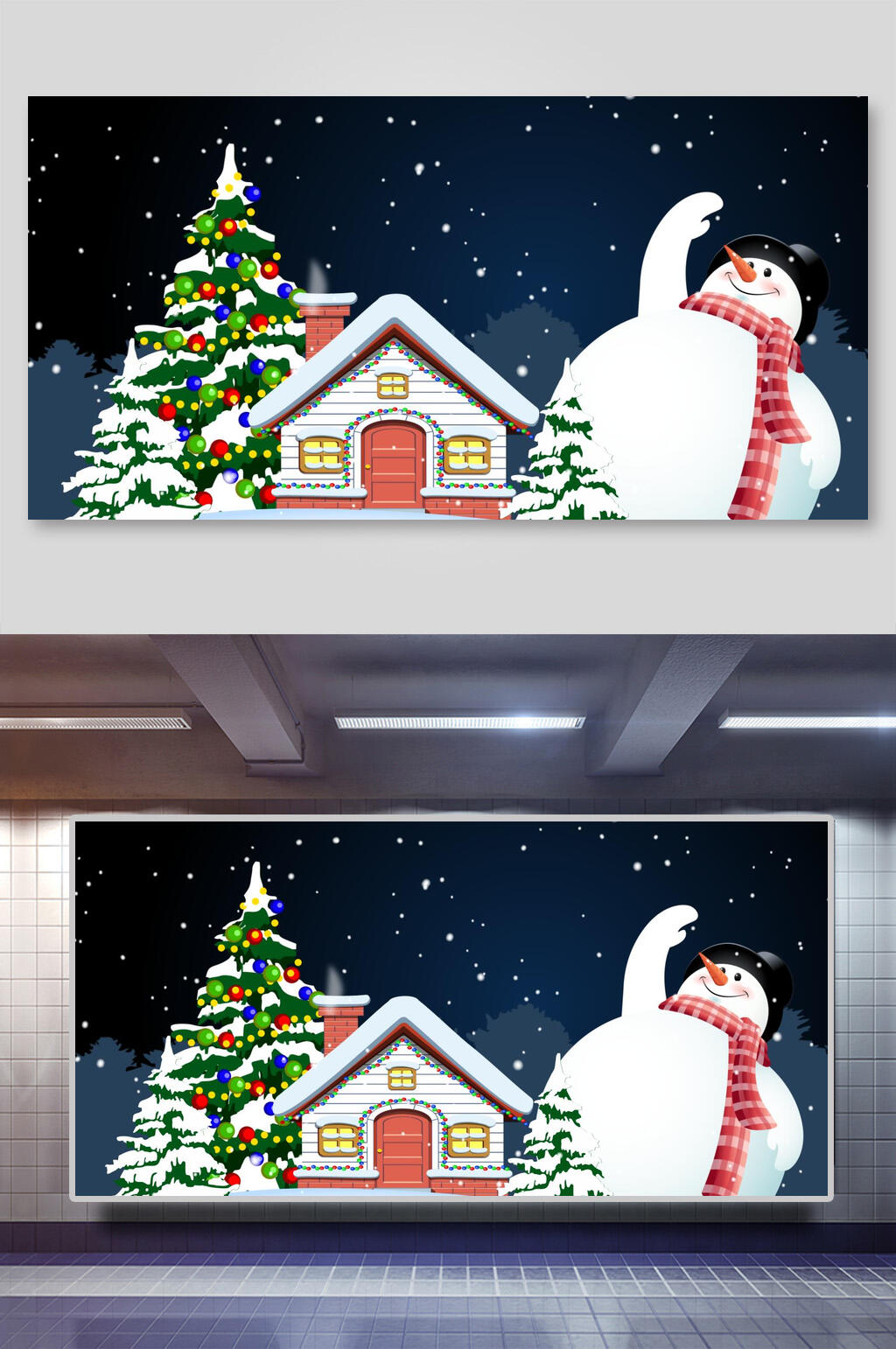 圣诞节平安夜雪人圣诞树插画素材