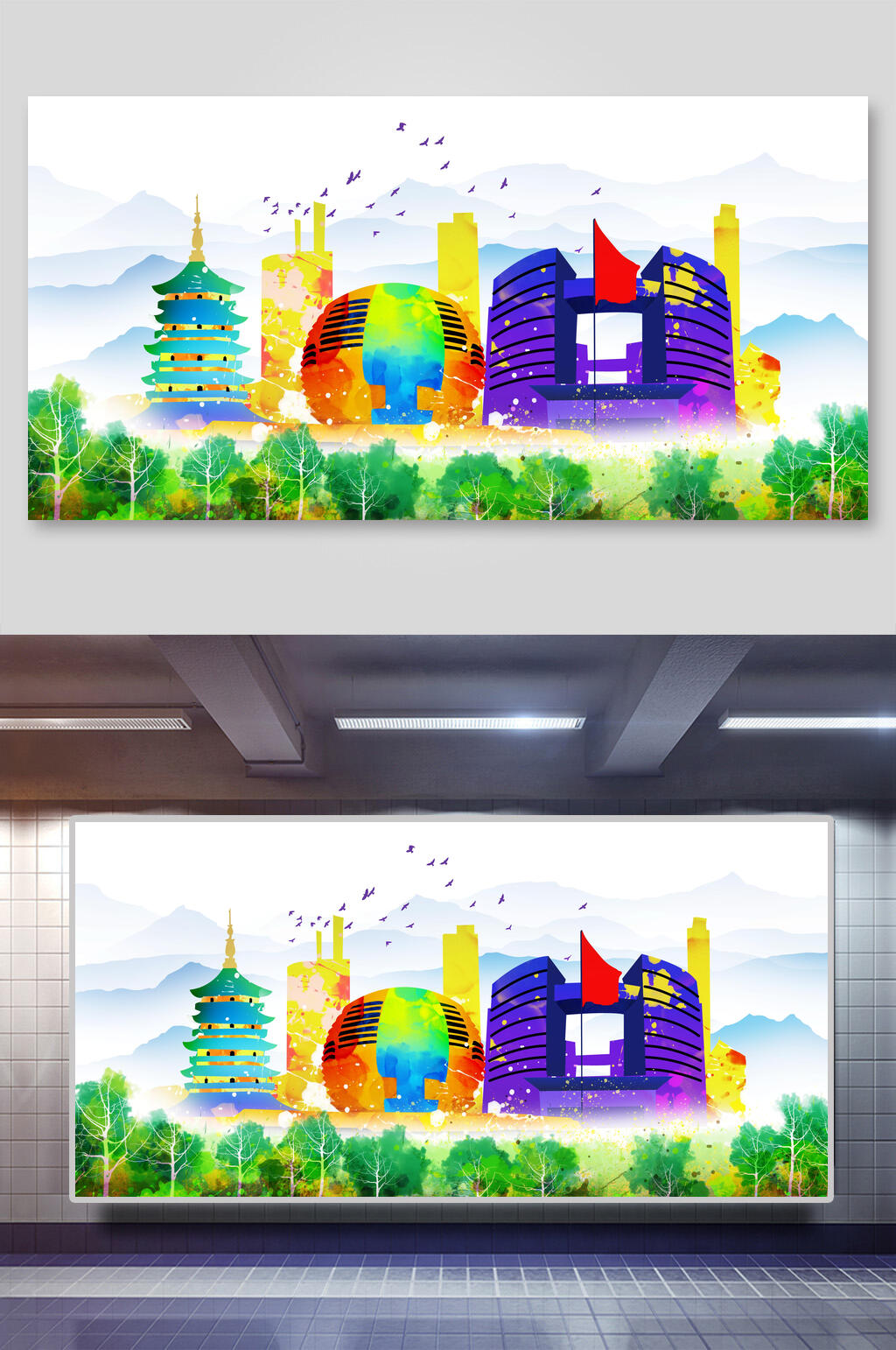 中国地标建筑插画素材两联亭台楼阁素材