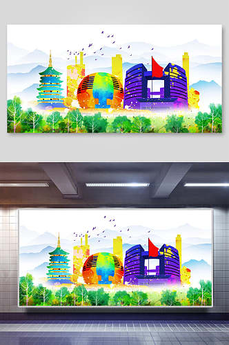 中国地标建筑插画素材两联亭台楼阁