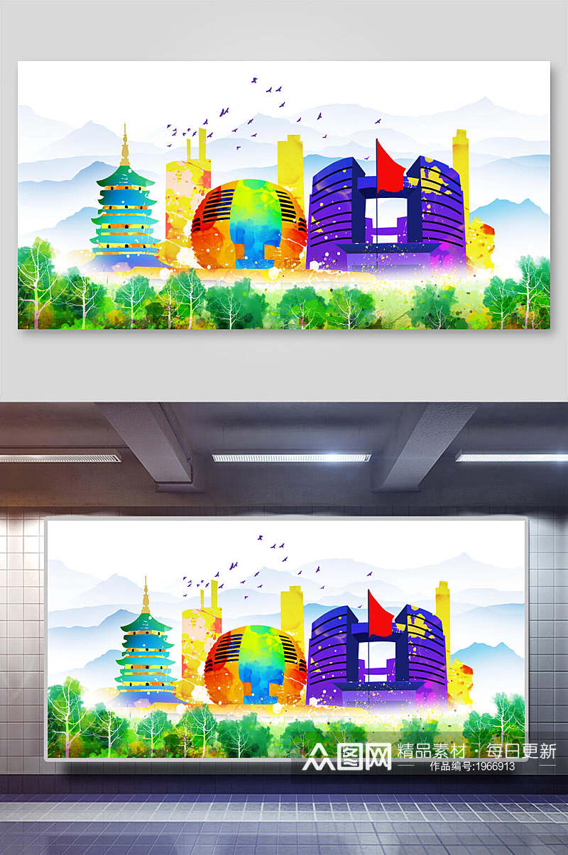 中国地标建筑插画素材两联亭台楼阁素材