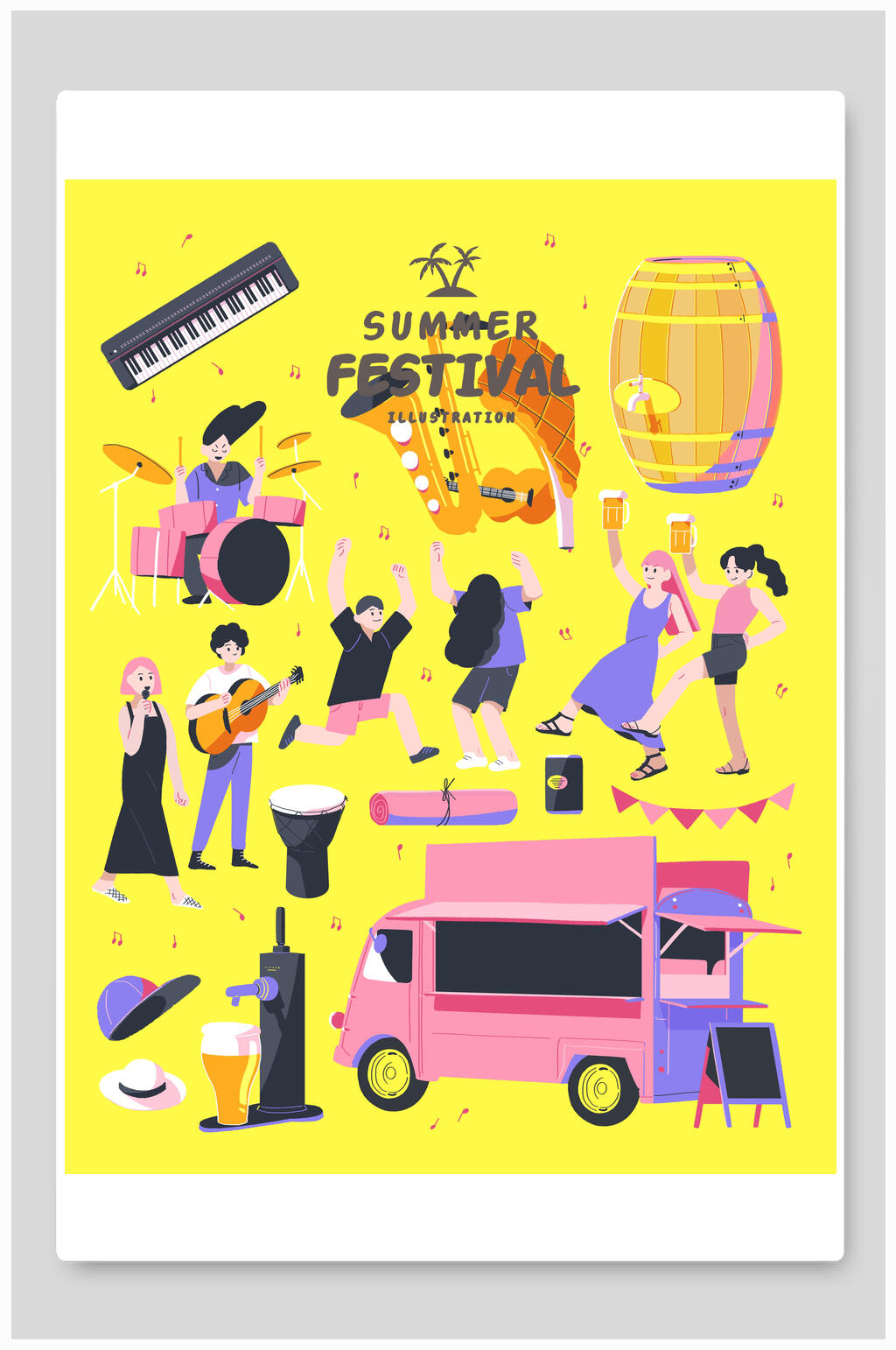 夏季旅游出行插画黄底欢乐音乐会素材
