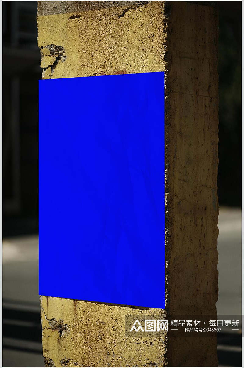 蓝色柱子墙壁海报样机素材