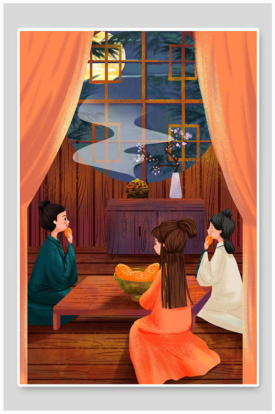 中秋节插画中秋拜月古风古代家庭