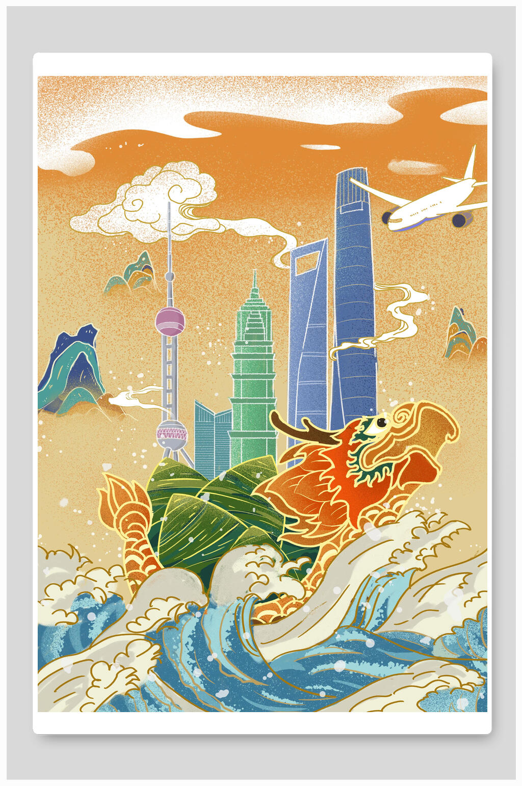 端午节龙舟插画龙腾四海素材