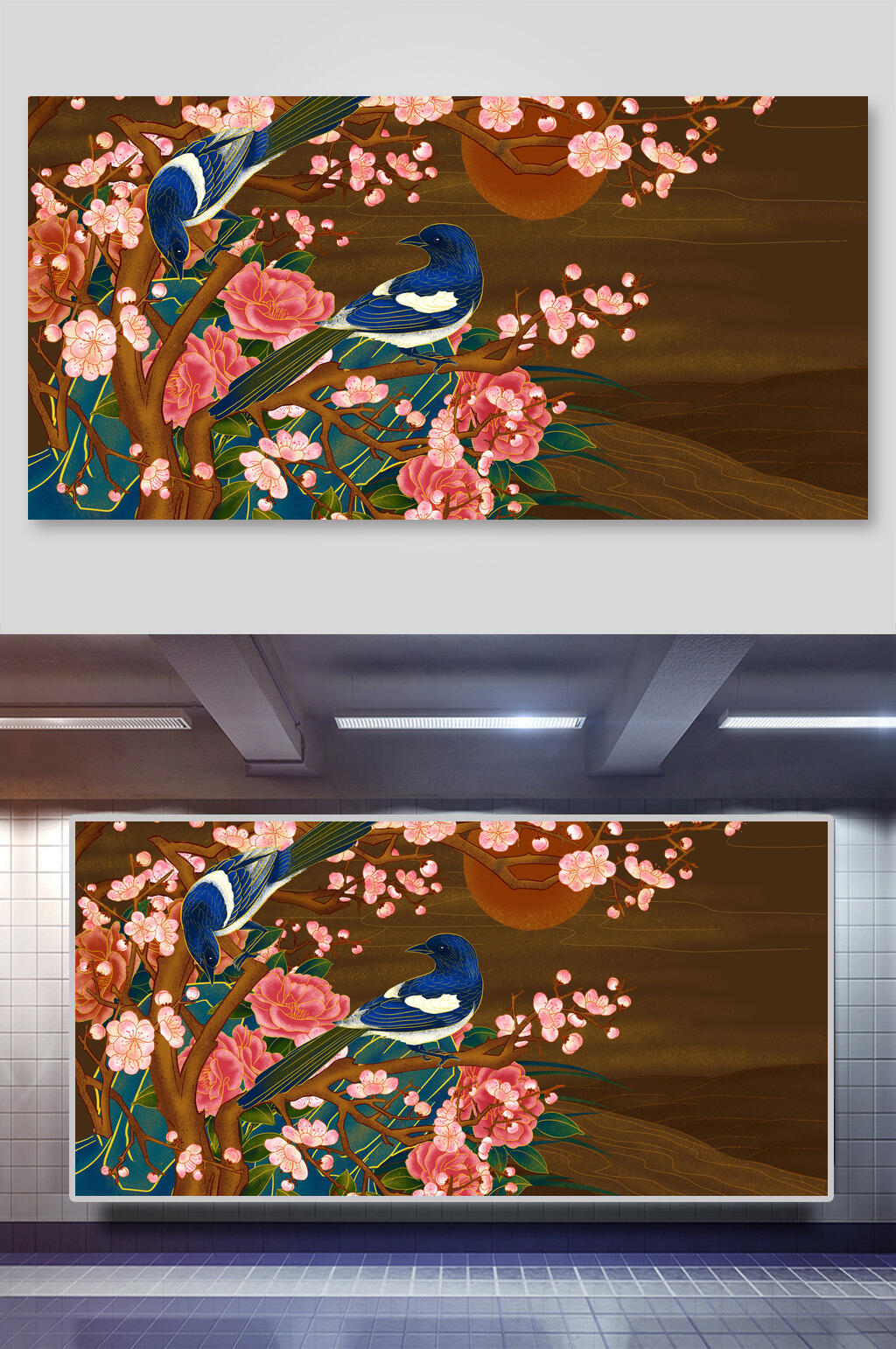 国潮风烫金地标建筑插画两联横向喜鹊闹枝头素材