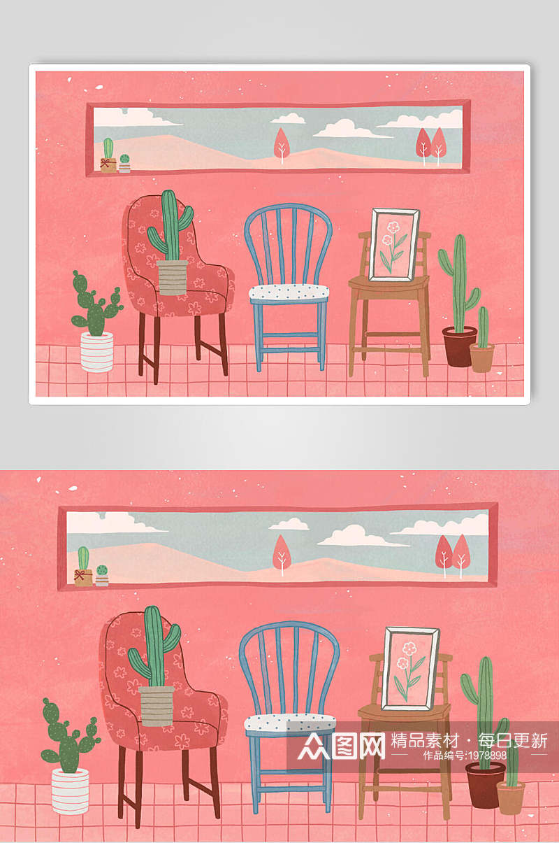 粉色创意海报两联横向家居生活简笔画素材