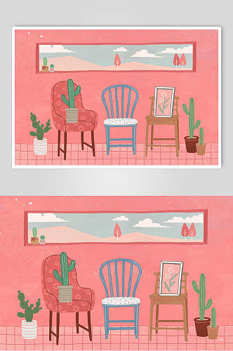 粉色创意海报两联横向家居生活简笔画