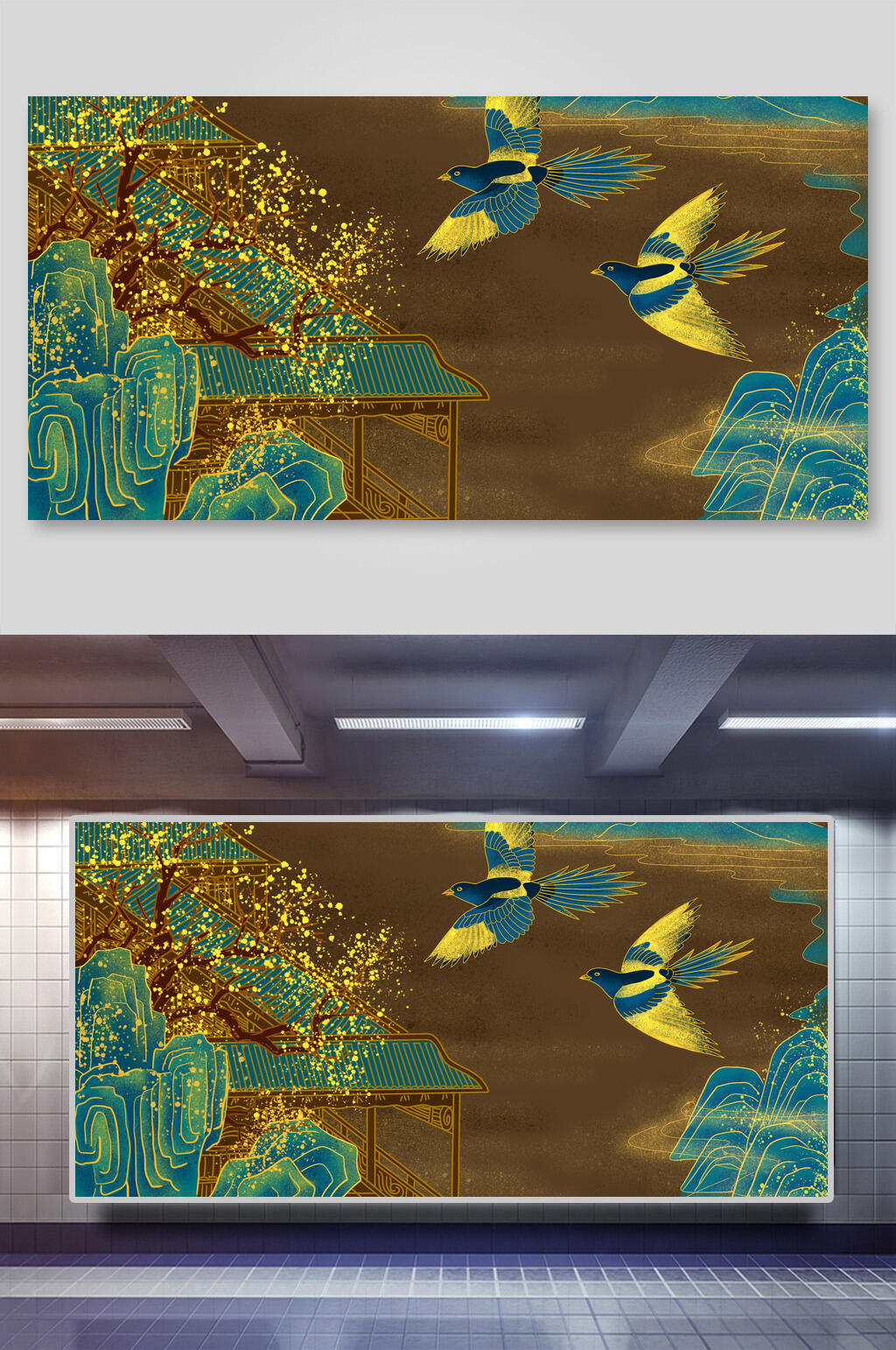 国潮风烫金山水神兽插画两联喜鹊在飞素材
