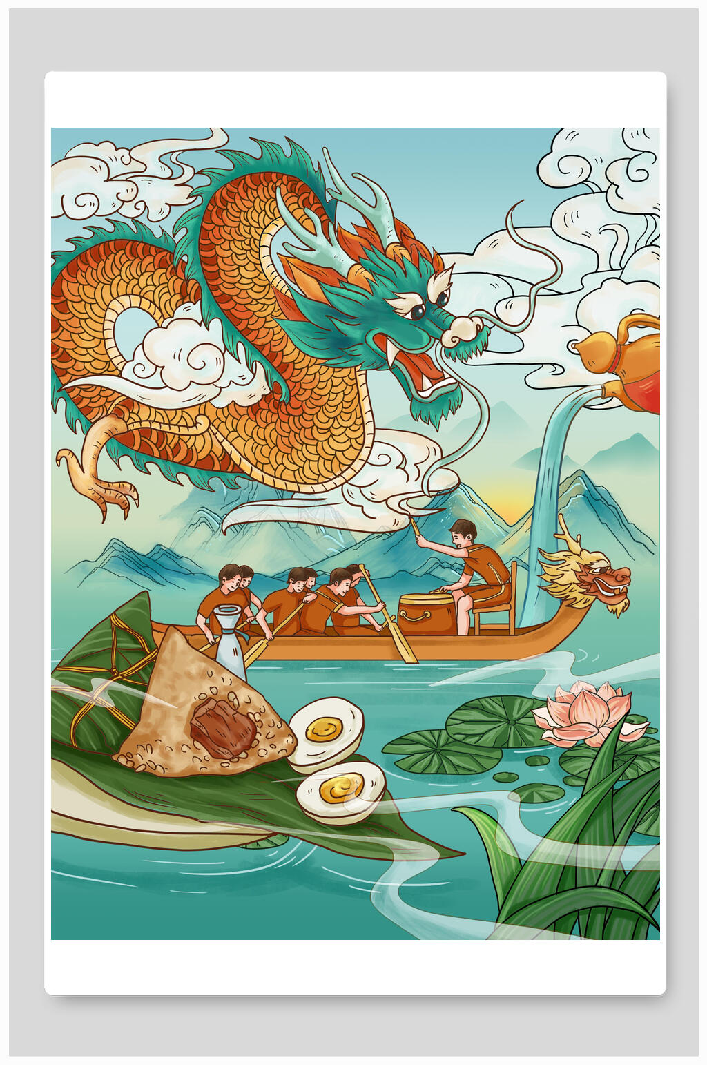 端午节龙舟插画龙舟比赛端午粽子素材