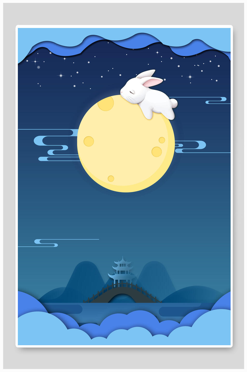 夜晚月亮兔子可爱蓝色中秋节背景