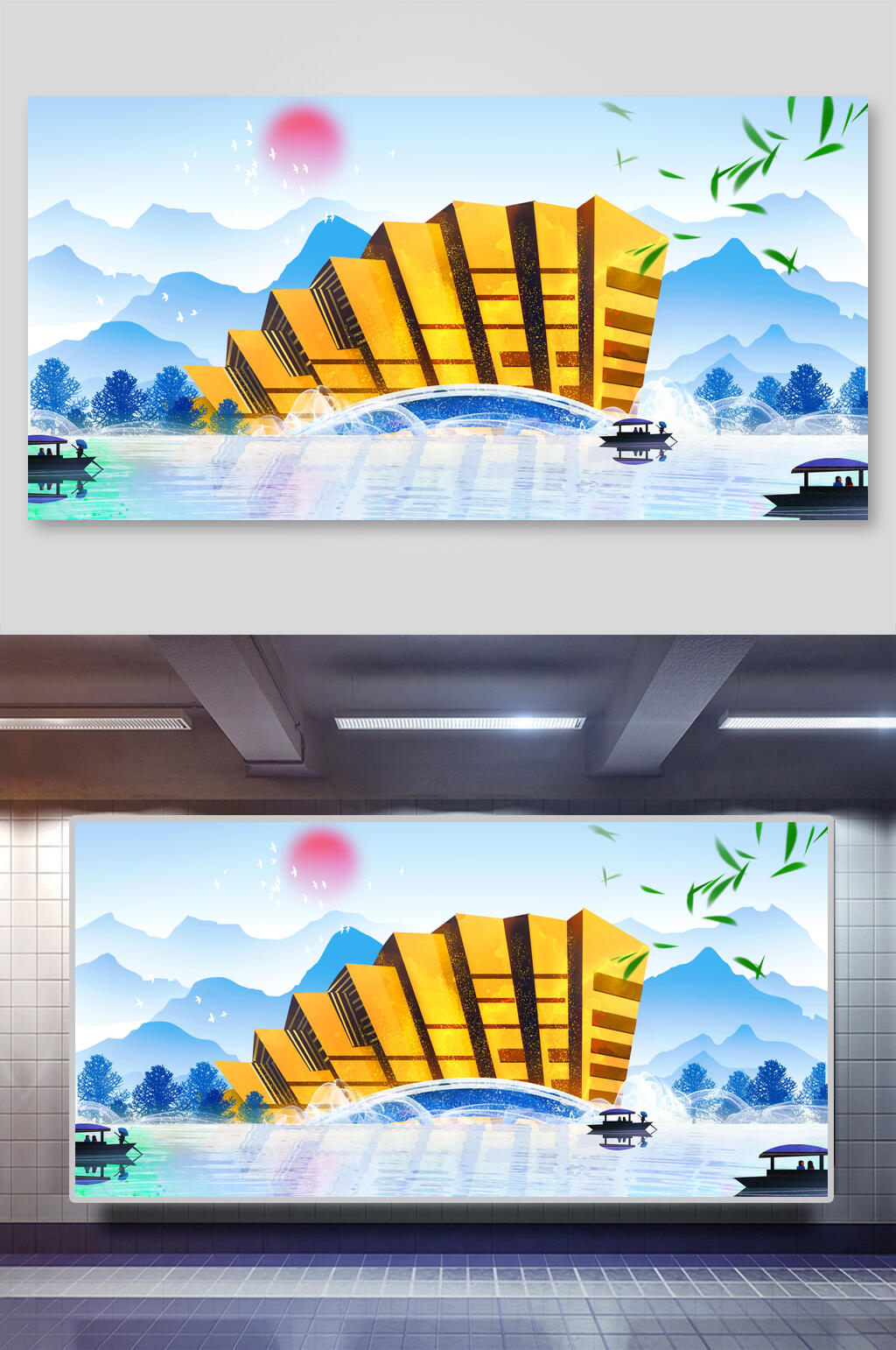 中国地标建筑插画素材两联景点海报素材
