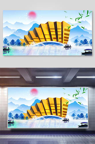 中国地标建筑插画素材两联景点海报