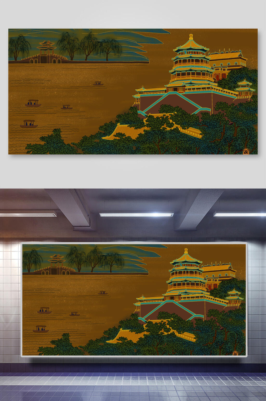 国潮风烫金地标建筑插画两联重庆素材
