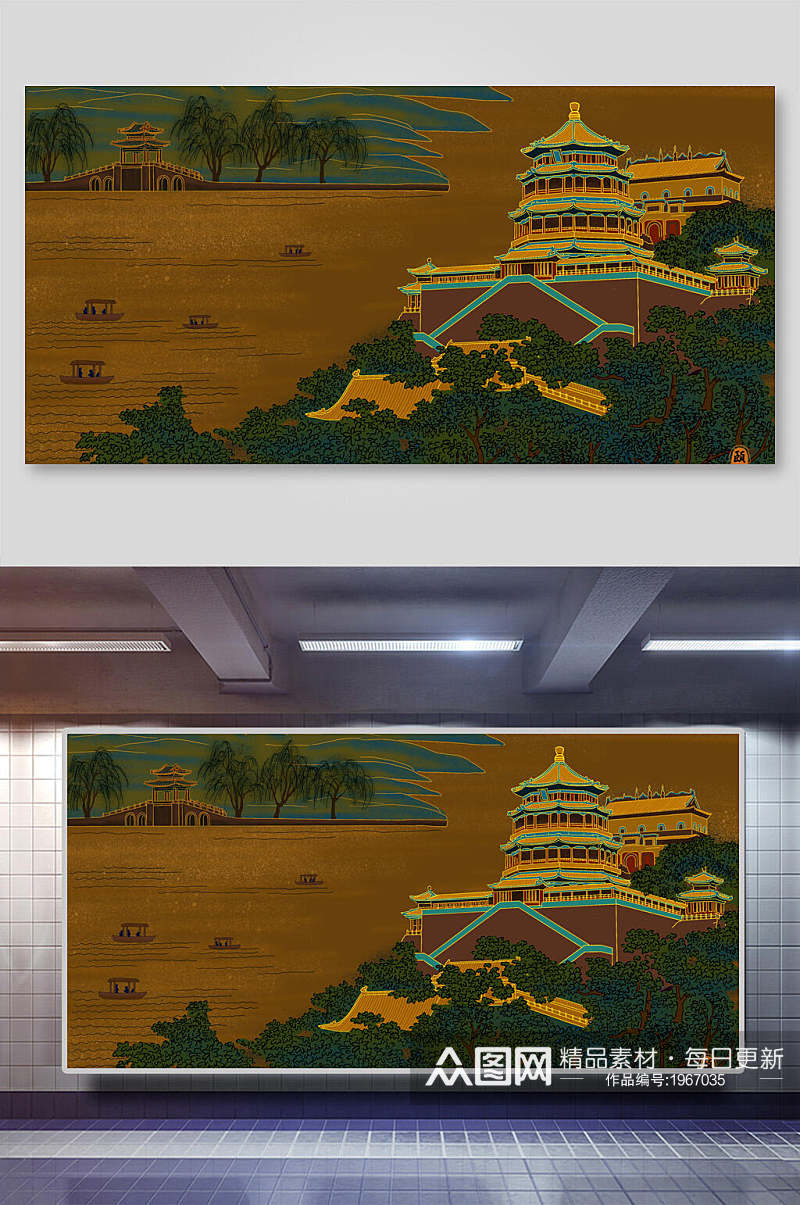 国潮风烫金地标建筑插画两联重庆素材