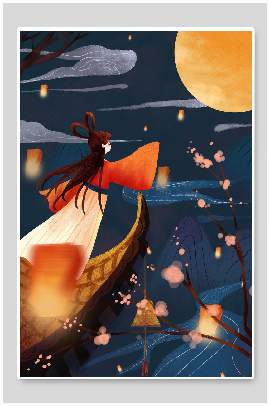 中秋节插画中秋月饼嫦娥奔月素材