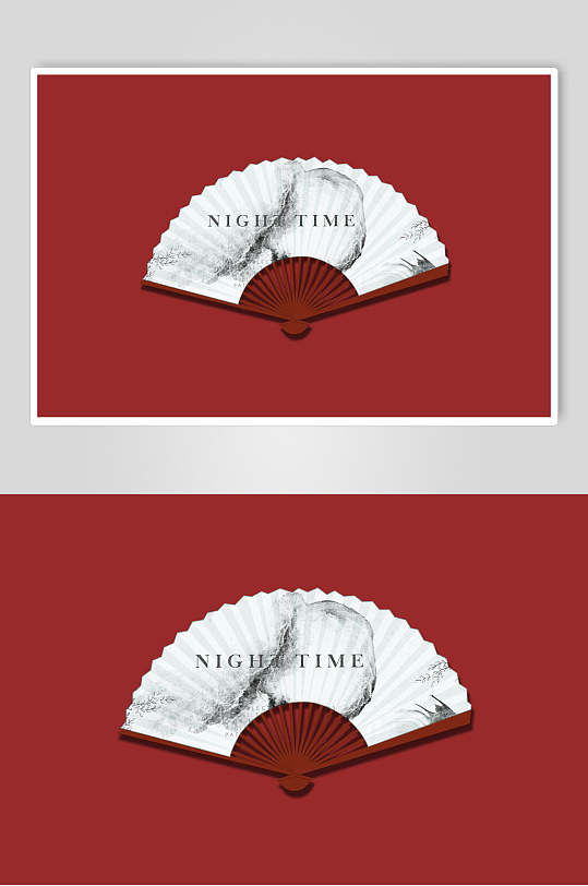 红色背景白色古风水墨风扇子样机