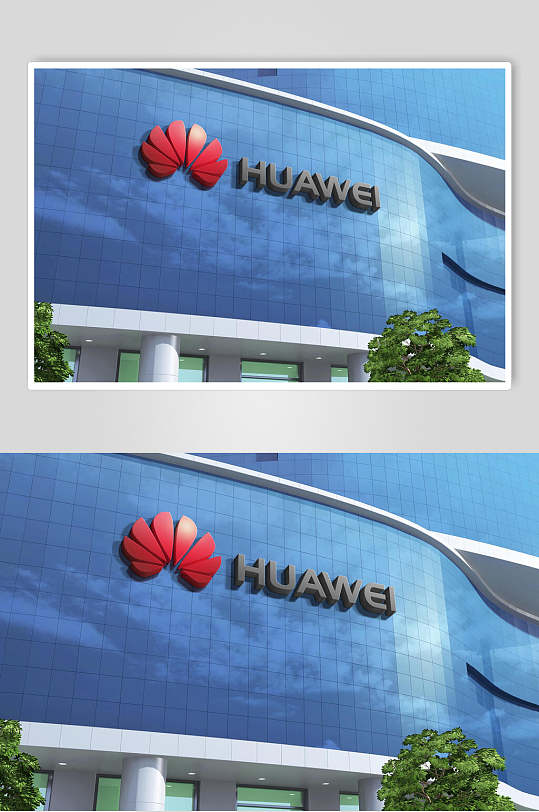 蓝色华为公司前台背景墙LOGO展示样机效果图