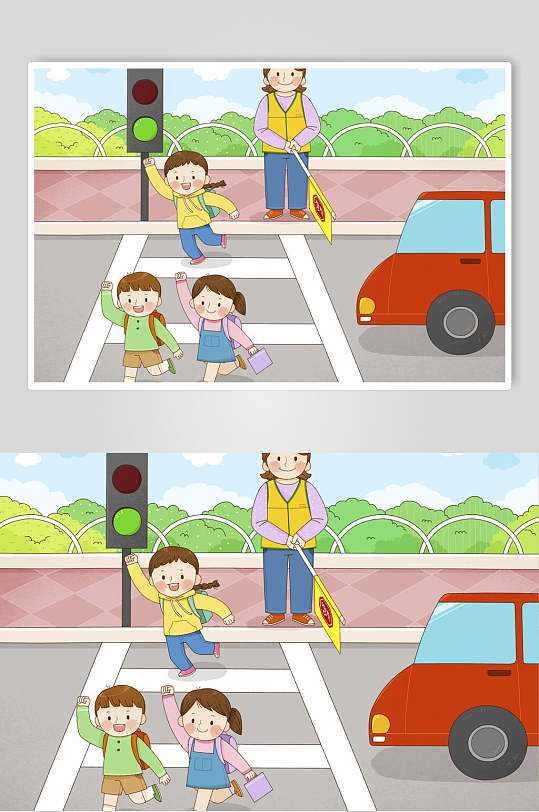 大气秀丽文明过马路儿童安全教育插画素材插画