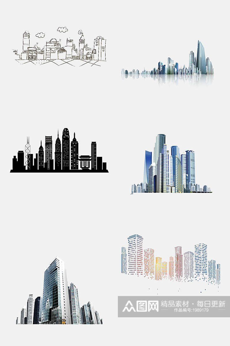 城市建筑剪影免抠元素城市大楼素材