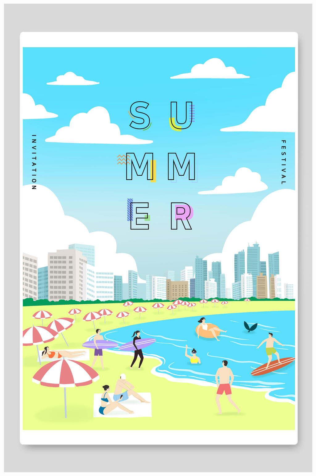 夏日夏季插画海滩城市夏日海滩素材