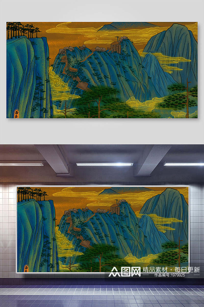 国潮风水墨烫金地标建筑插画展板素材