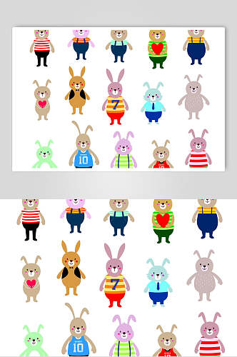 卡通小动物矢量插画素材两联挂画小兔子