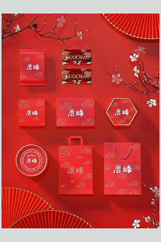 红色中式中秋节月饼礼盒包装整套样机效果图