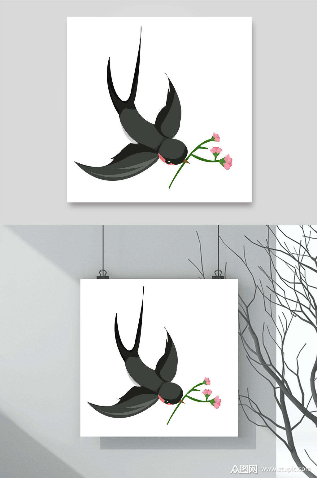 春天春季燕子素材两联挂画春燕衔花