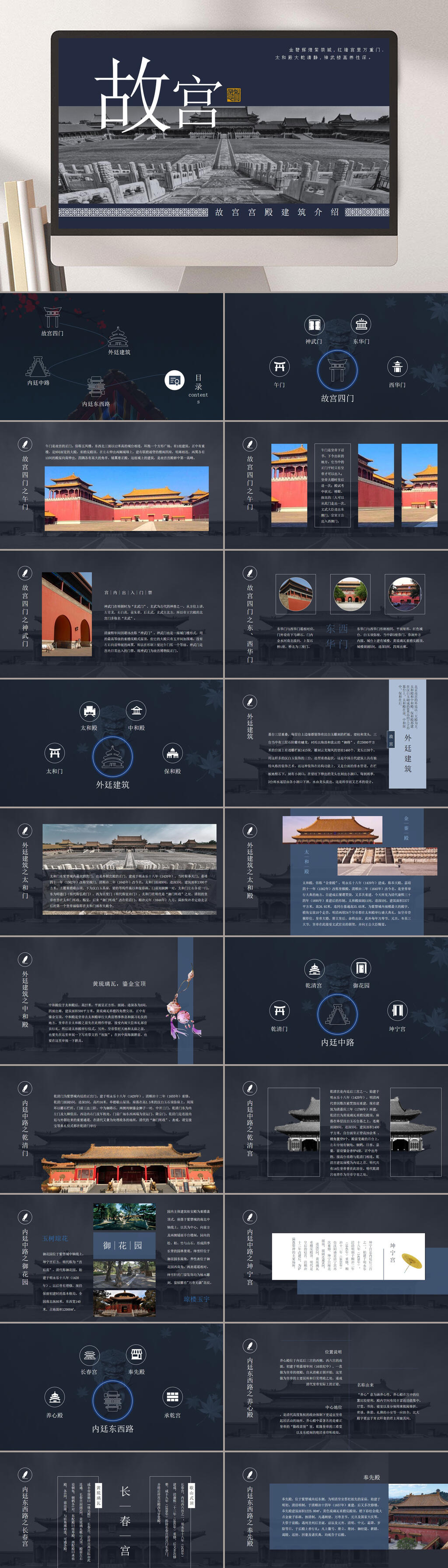 中国风黑色故宫宫殿建筑介绍PPT素材