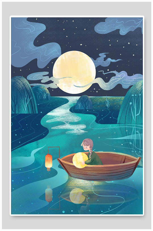 中秋节插画宁静的夜晚月亮和小船