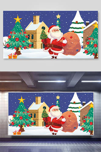 圣诞节插画两联横向圣诞老人送礼物