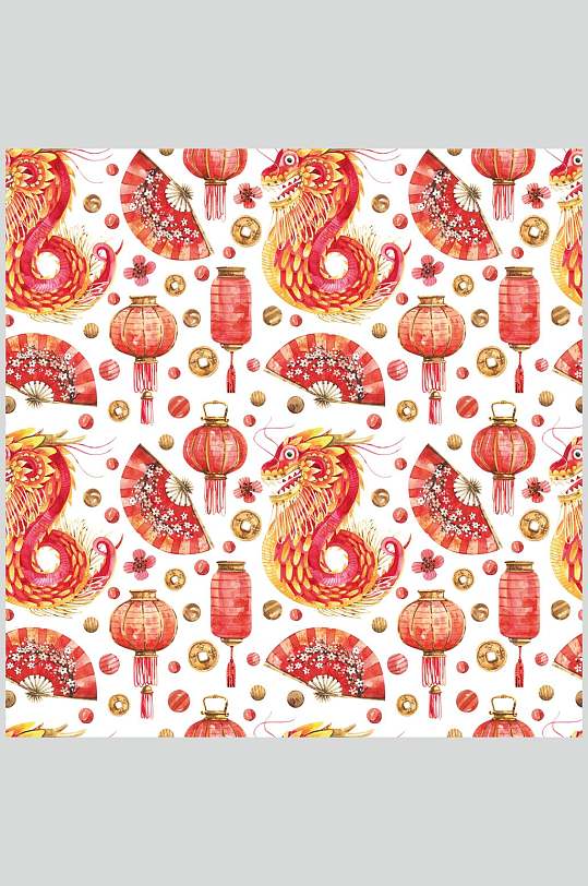 红色扇子灯笼中国龙春节背景图案高清图片