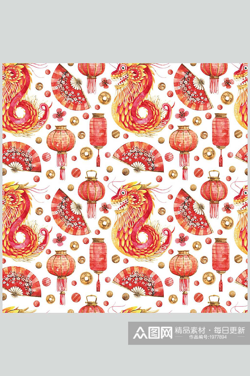 红色扇子灯笼中国龙春节背景图案高清图片素材