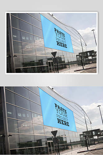 玻璃墙面蓝色海报LOGO展示样机效果图