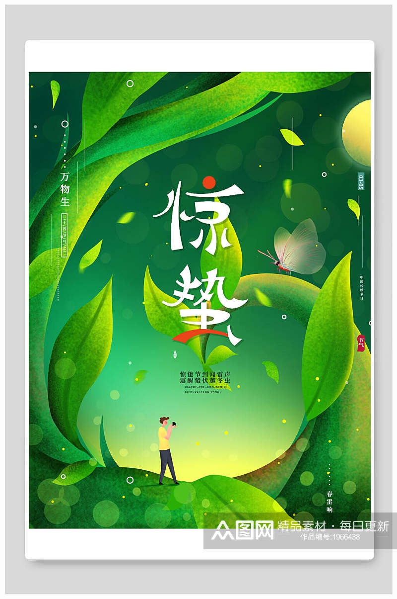 中国风花鸟绿色惊蛰海报素材