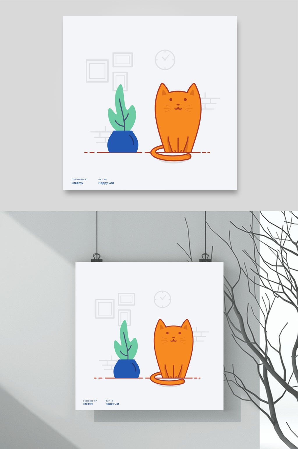 居家生活物品插画两联挂画一只孤独的猫素材