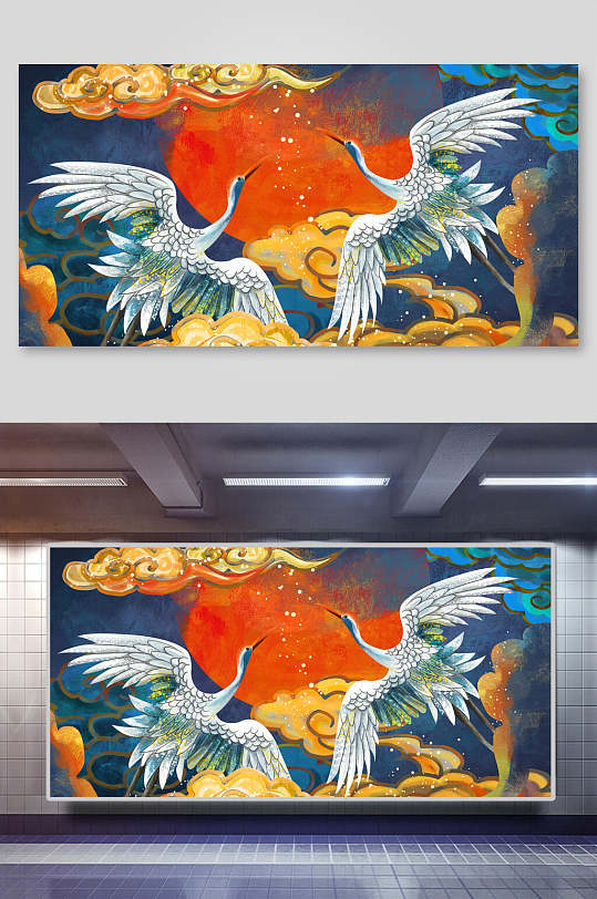 简约双鹤国潮古典仙鹤插画