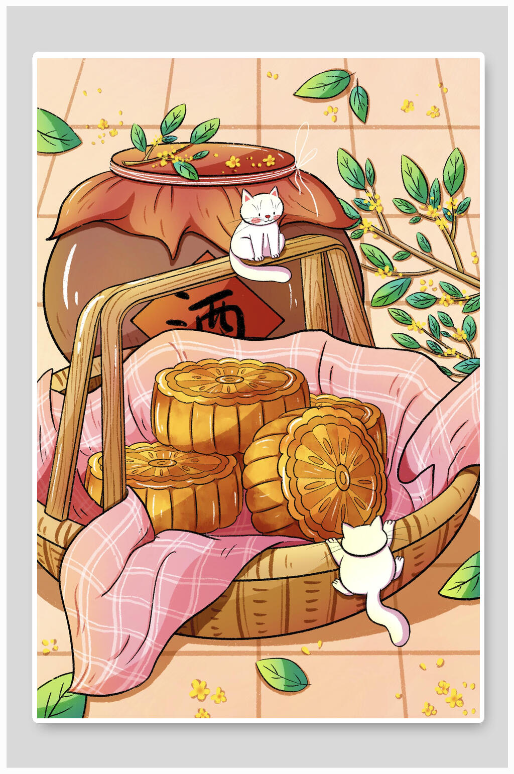 中秋节插画中秋月饼和黄酒素材