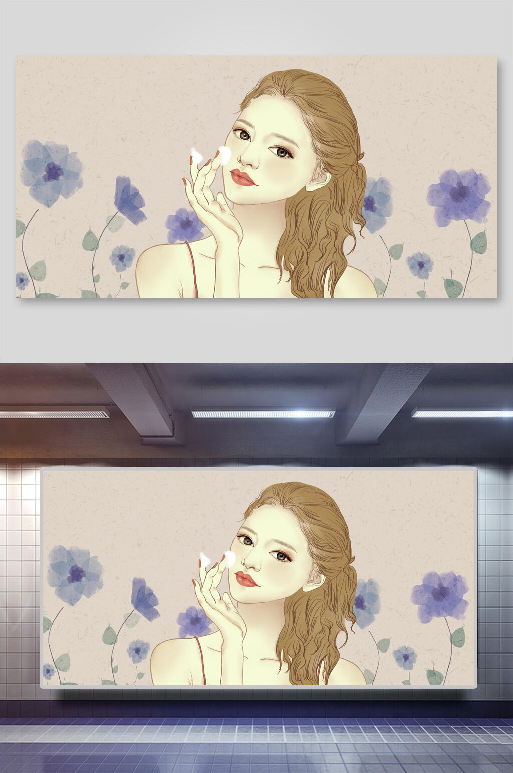美容化妆美女插画两联护肤护理素材