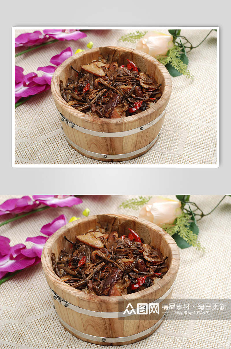 美味茶树菇炒肉木桶饭摄影图片素材