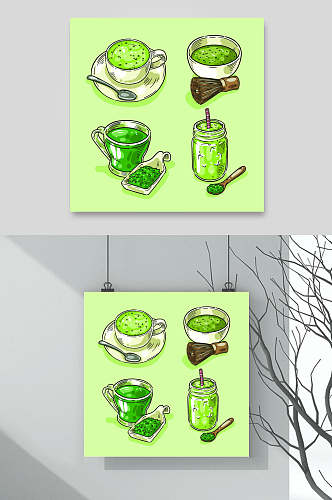 清新绿色手绘下午茶饮品素材