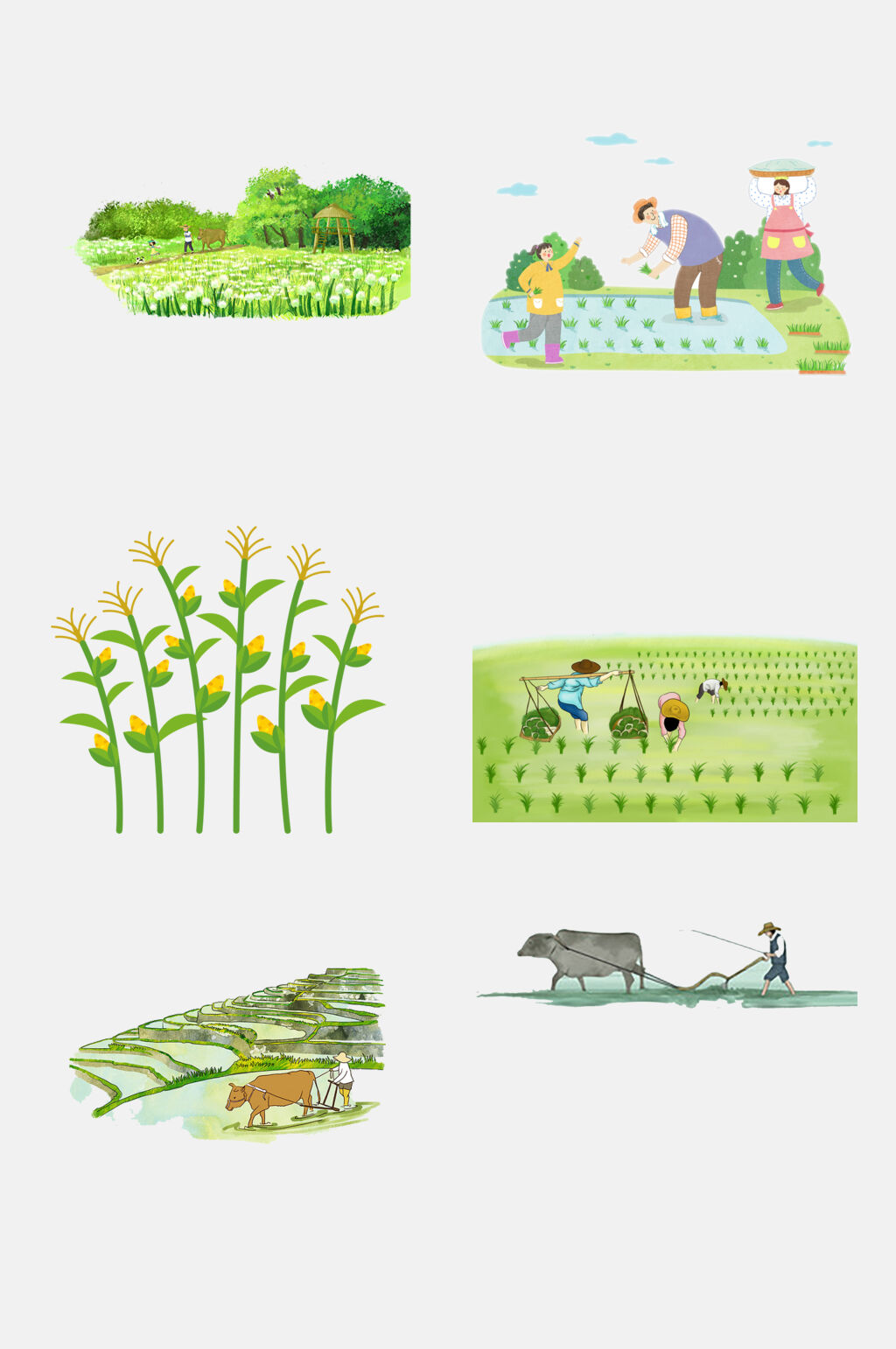 水彩耕种插秧植物免抠元素素材