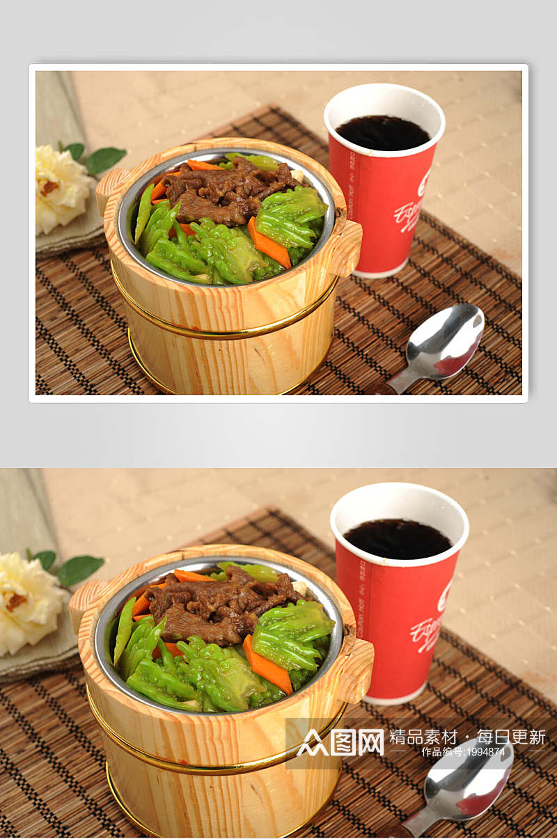 健康美味青椒牛肉木桶饭摄影图片素材